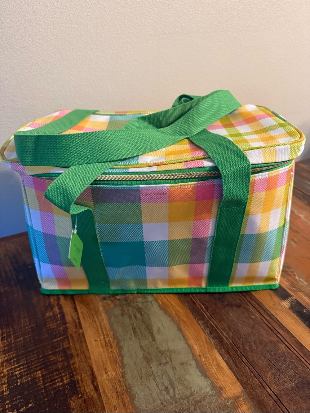 kate spade Multicolor Plaid Insulated Tote with Green Handles
